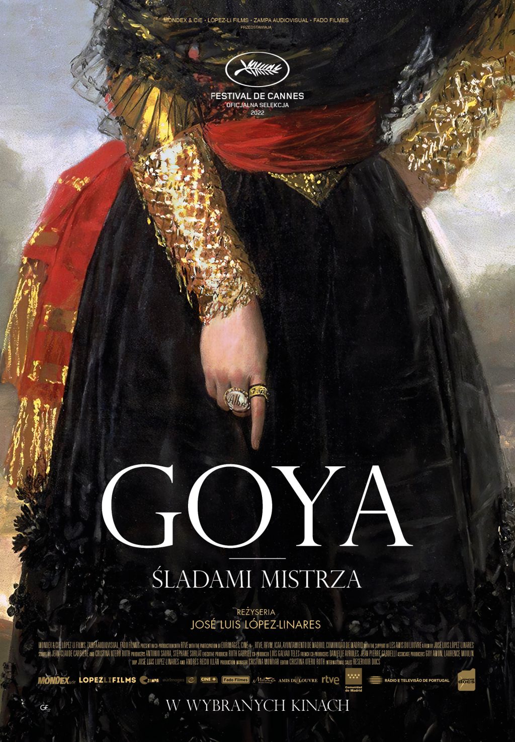 Plakat z fragmentem obrazu, przedstawia kobietę w czarnej sukni, przepasanej czerwoną chustą. Napis "Goya. Śladami mistrza".